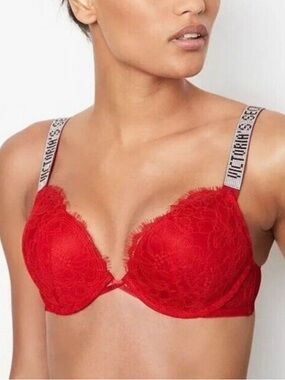 Victoria Secret Very Sexy Red Lace Push-Up Bra with Embellished Straps Size: 38C